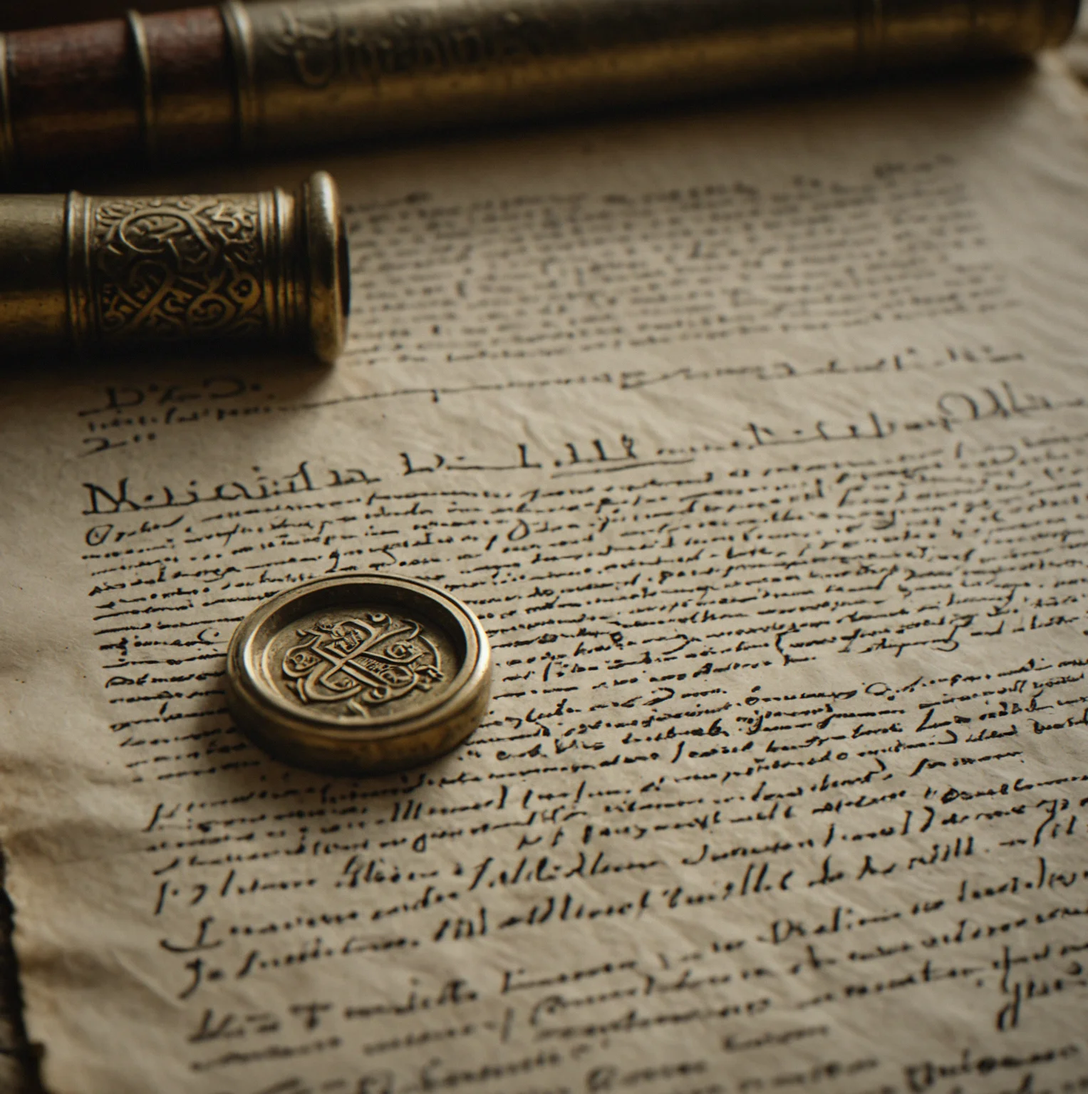 Close-up of a medieval charter with Latin abbreviations and ink markings on aged parchment