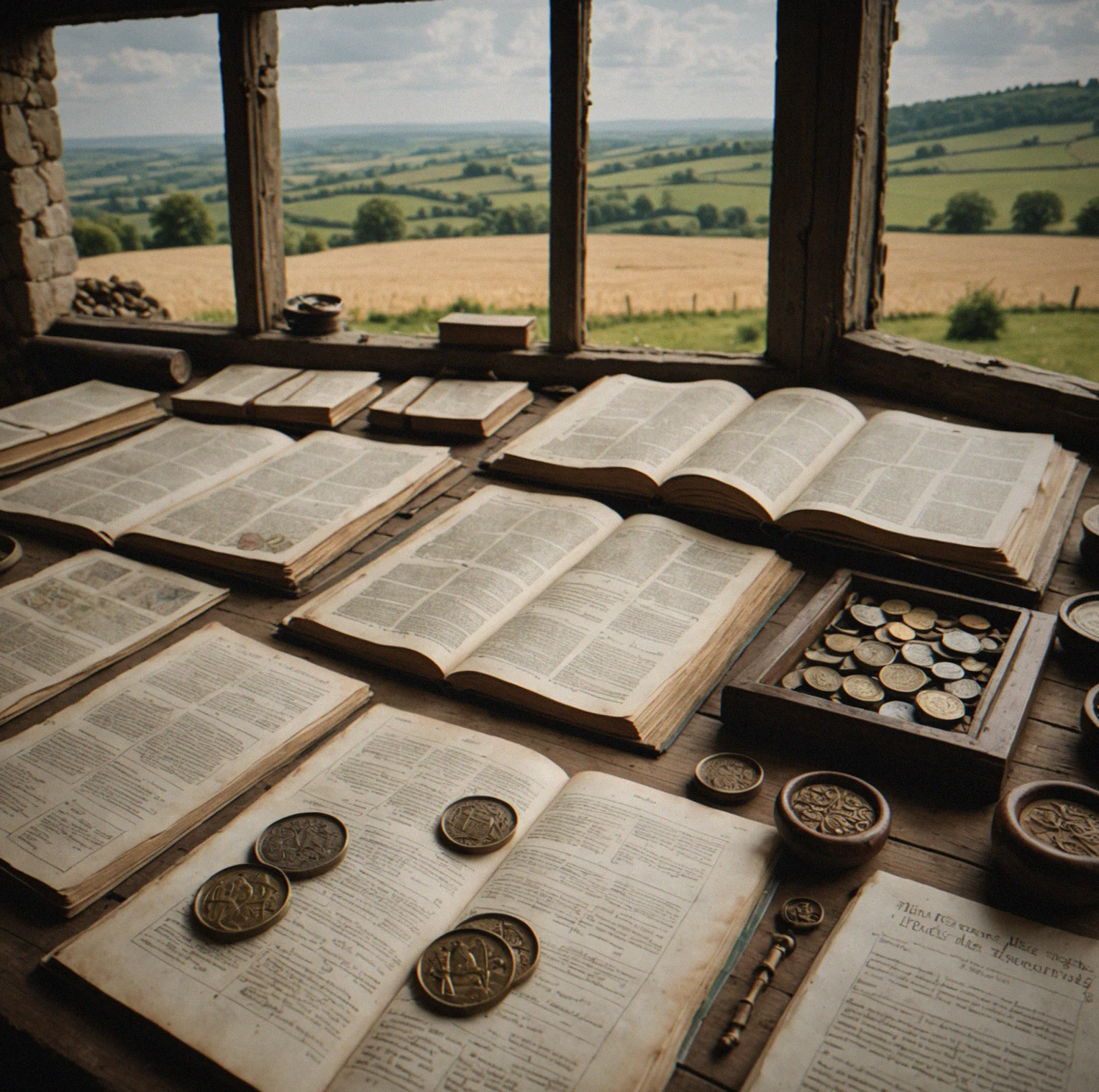 Tax records from multiple years displayed alongside monastic chronicle entries describing fever and plague with village-by-village mortality estimates