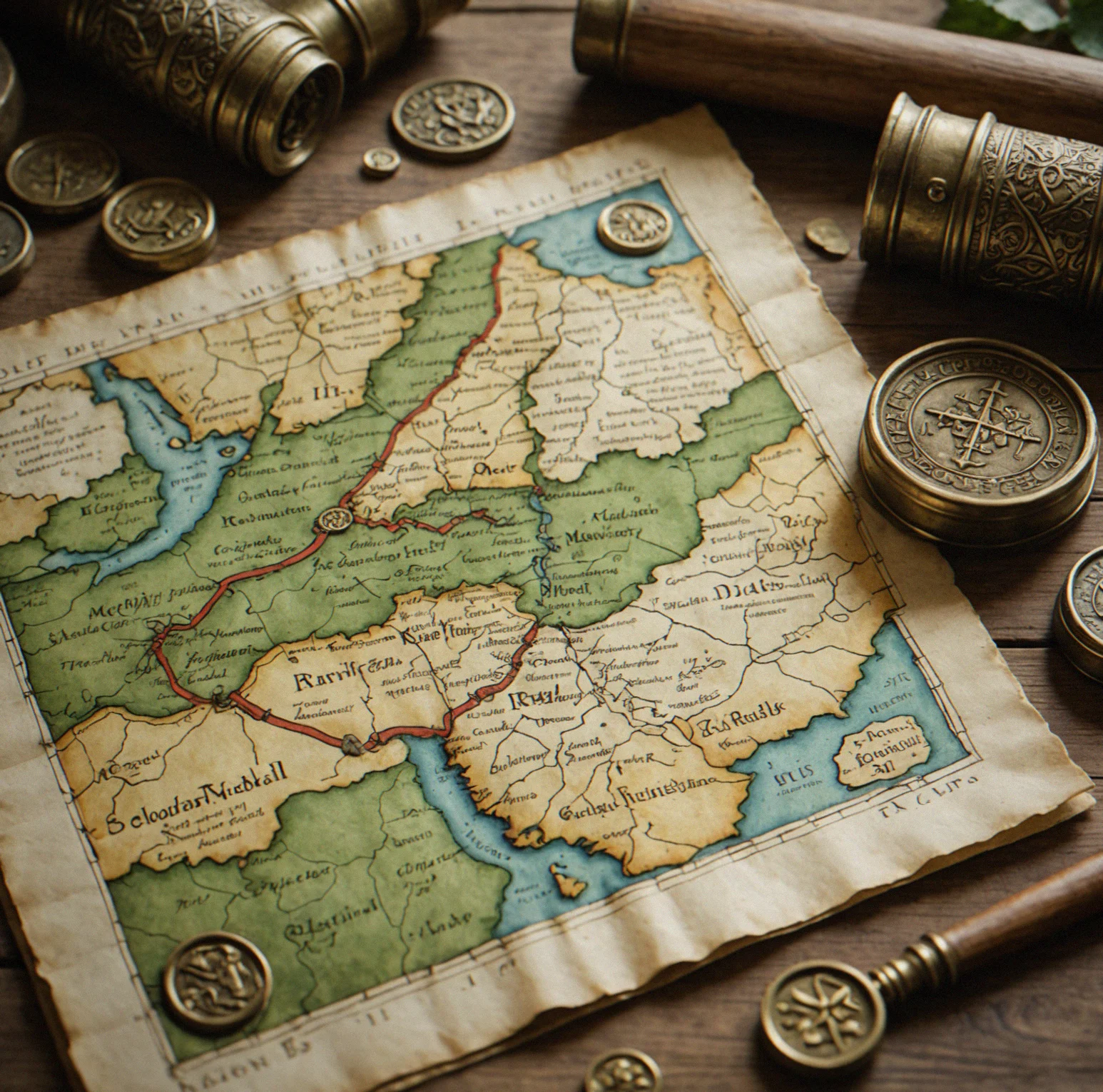 Old parchment with haandwritten text laid over a map showing river paths and forest coverage