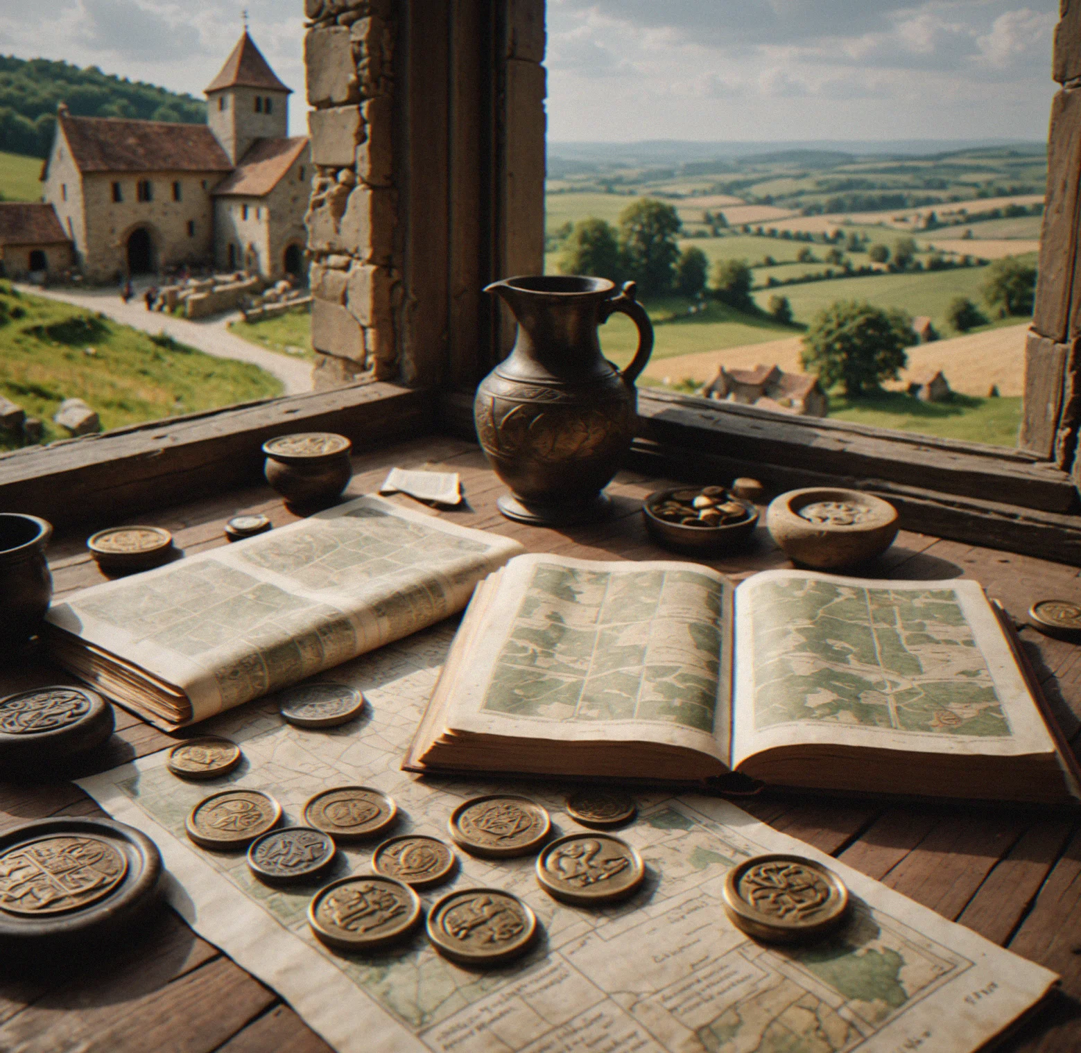 Medieval tax record with household and livestock counts next to a monastic chronicle entry about disease